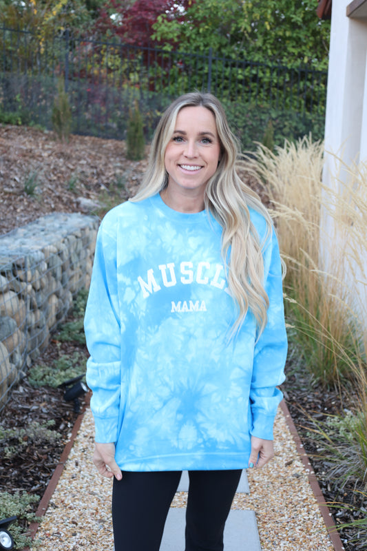 Muscle Mama Turquoise tie dye  // long sleeve sweatshirt