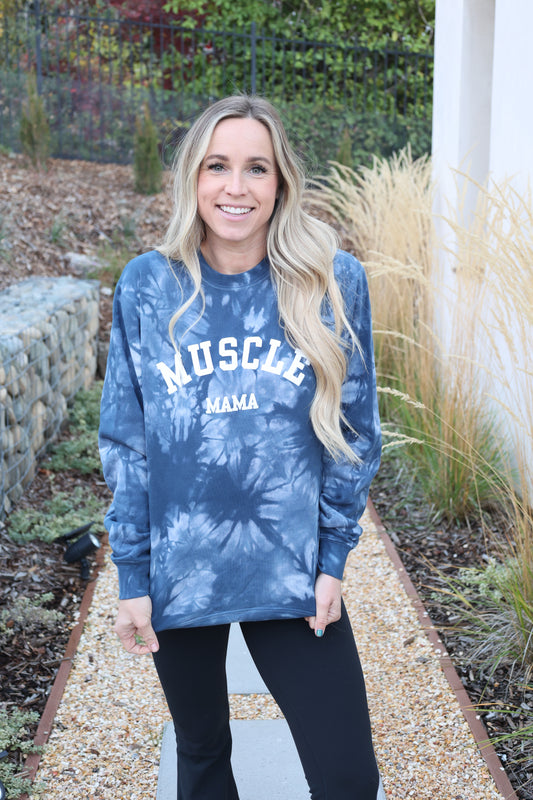 Muscle Mama Dark Blue tie dye  // long sleeve sweatshirt